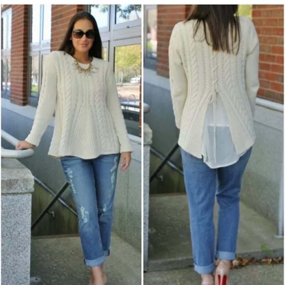 SOLD🌈CAbi Ivory Lace Up Cable Knit Back Sweater